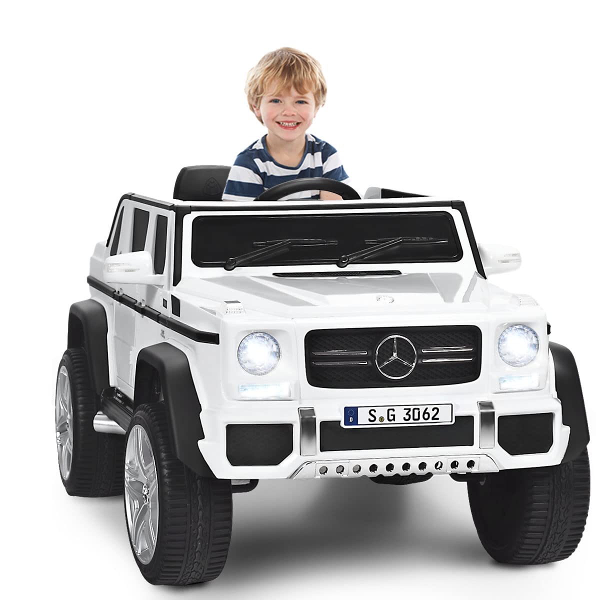 COSTWAY G650-S 12V Mercedes-Benz Vehículo para Niños, Coche de Batería con Suspensiones de Muelles, 2 Puertas Abribles con Cierre de Seguridad, Luces LED, Puerto AUX, Control Parental(Blanco)