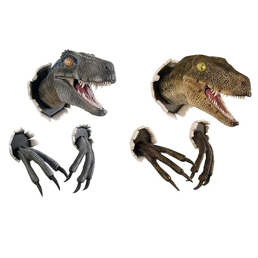 KMOCEPLY Velociraptor-Statue, Dinosaurier-Wandmontage, Kopf-Skulptur, einfach aufzuhängen, Dinosaurier-Wandkunst, Kunst-Dinosaurier, Dekoration, Büste, handbemalt, Raptorbüste, 3D-realistische