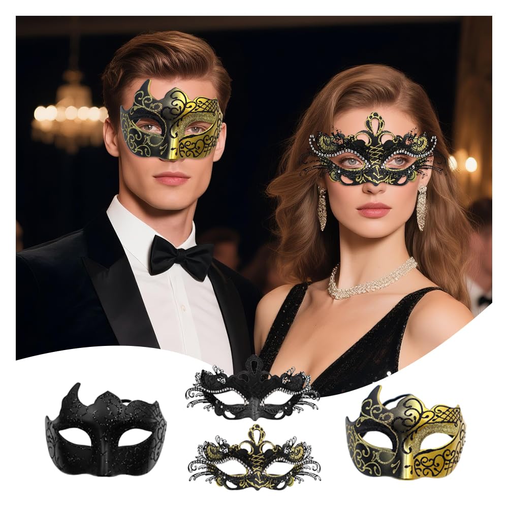 SUNNEE Masquerade Mask Couples Set: Rhinestones Metal Cosplay Venetian Party Mask Halloween Costume, Gold - Image 3