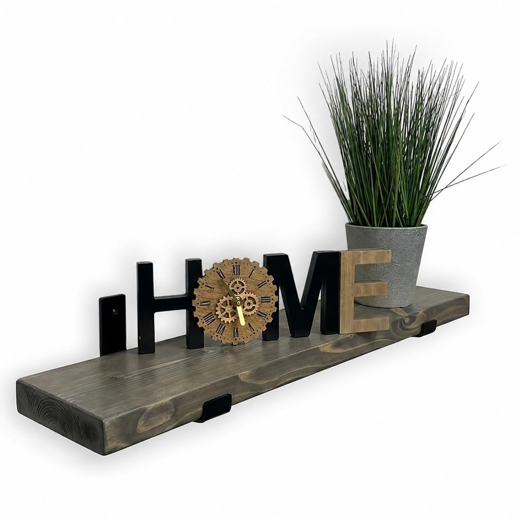MKGT Narrow Floating Shelf – 15cm Deep Rustic Solid Wood Wall Shelf with Black Brackets – Handmade in UK for Kitchen, Bathroom, Hallway & Living Room (Driftwood, 80cm)