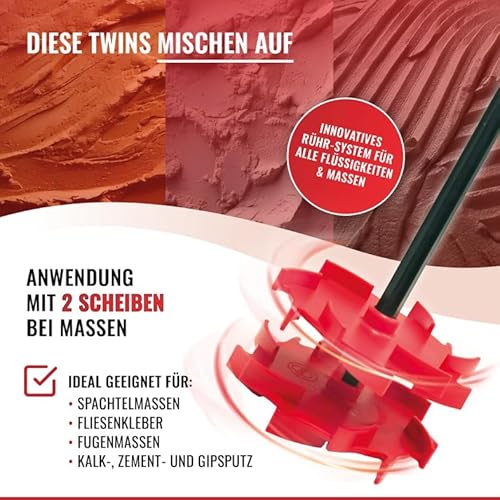 Nivilli TWISTY Dissolver-Set, Rührwerk/Rührstab für Bohrmaschine & Akkuschrauber. Epoxidharz-, Spachtelmasse-, Putz-, Farb-Mixer. Blasenfreie Vermischung. Stab 500mm (Ø10mm) + 2x Scheibe 100mm