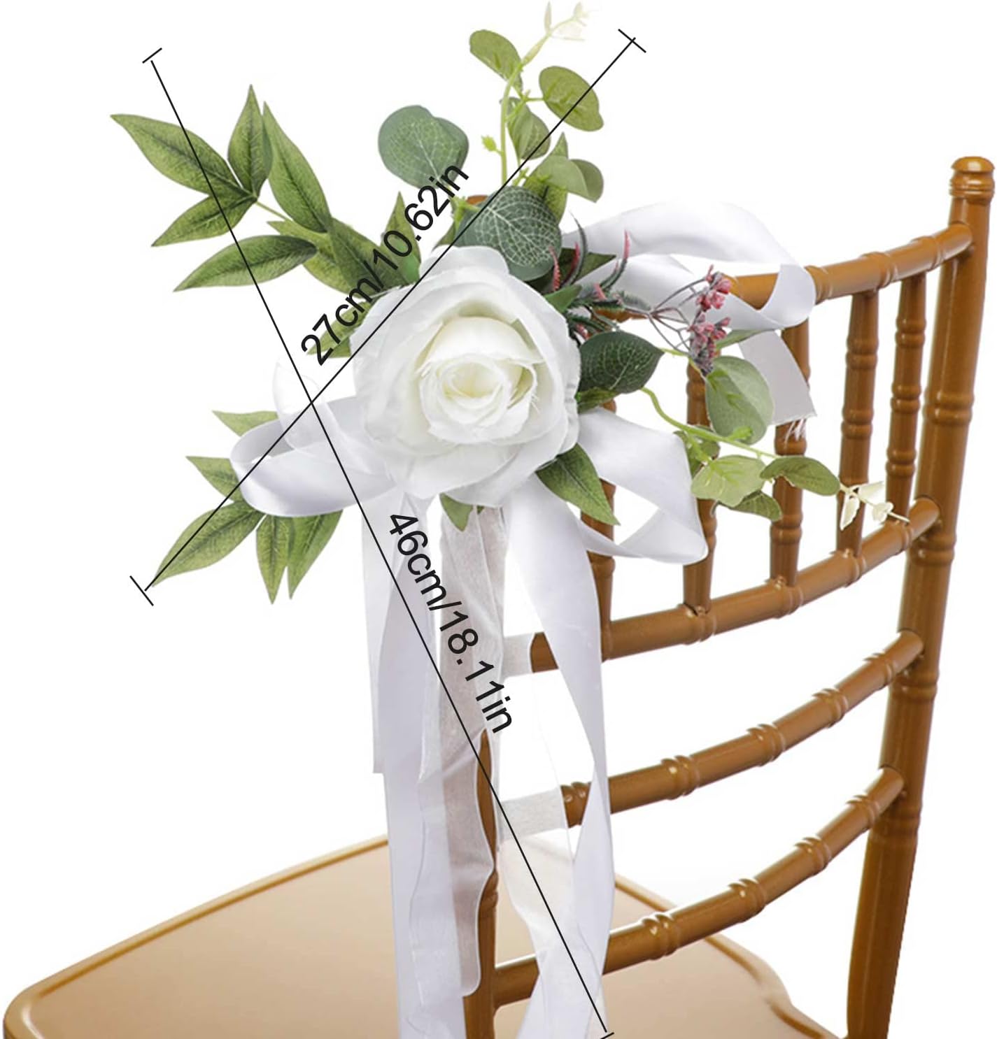 MSUIINT 8pcs Wedding Chair Back Flower Set, Forest Chair Back Flower with Bow Aisle Church Banquet Pew Silk Flower, Floral Hoop Bouquet for Flower Girl, Wedding Ceremony Reception Nursery Decor, White