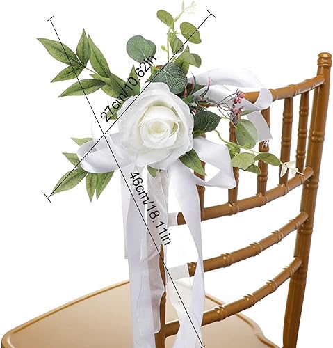 Miniatura 6 de Lrnn Juego de 6 rosas artificiales de eucalipto con cintas para decoración de fiesta de ceremonia, decoración floral de espalda (blanco), 18.1 x