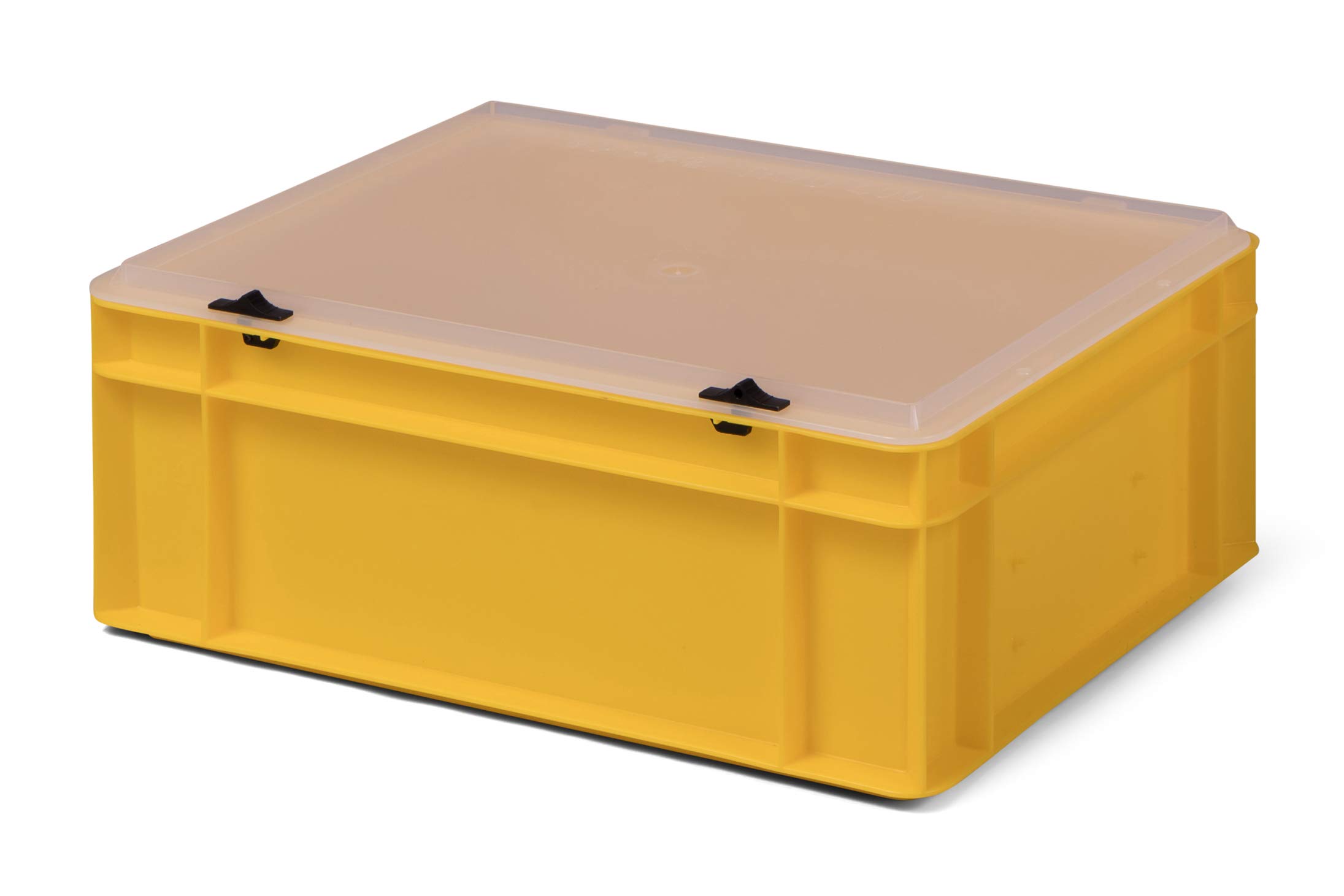 4 Stk. Transport-Stapelkasten mit transparentem Deckel TK414-TD, gelb, 400x300x156 mm (LxBxH), aus PP, Volumen: 13 Liter, Traglast: 35 kg, lebensmittelecht, made in Germany, Industriequalität