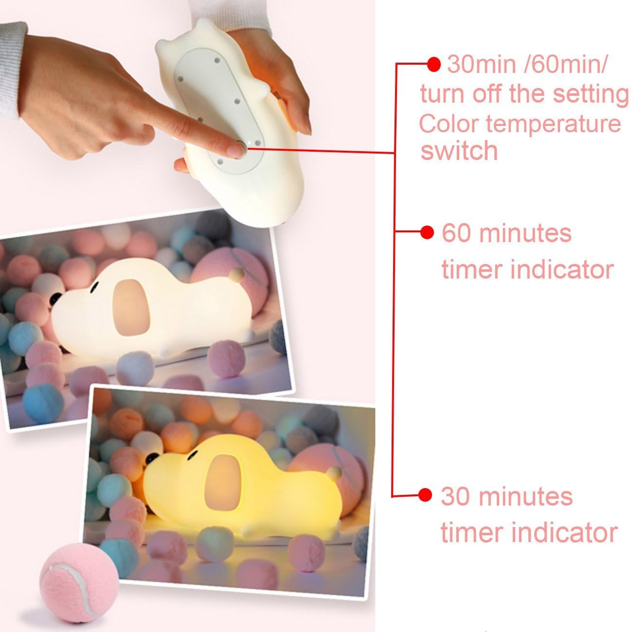 S NMT Silicone LED Papa Puppy Night Light Touch Sensor Switching Night Lamp, Transform Between Warm White 2700K and White 6500K, Safe SIL+ABS, Sleep Timer Setting for Kids Babies Bedside and Nursery