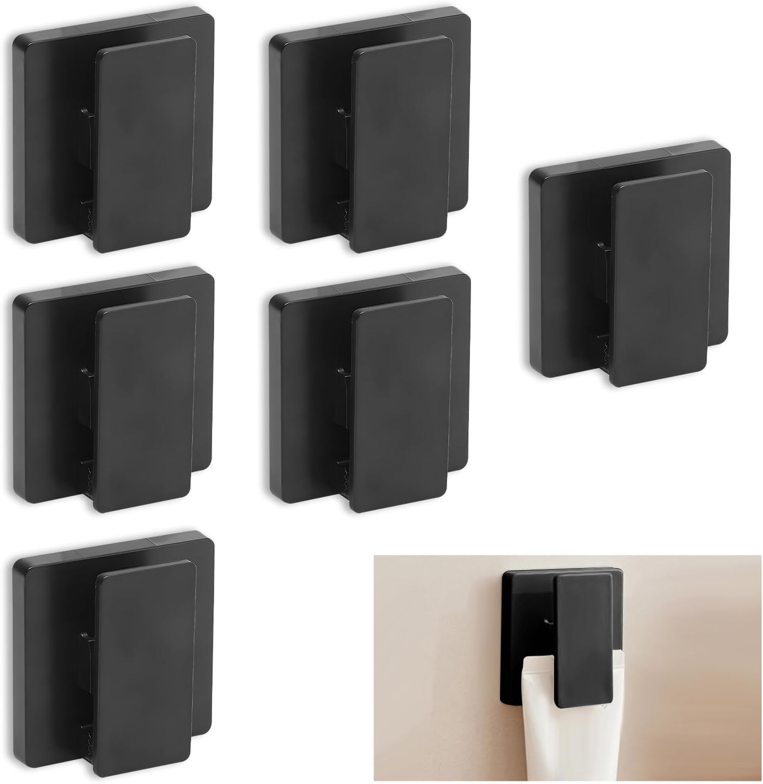 – 6 Pieces Large Self Adhesive Clips for Hanging Hooks No Drilling, Sticky Clips Anti Slip Towel Holder, Removable ABS Adjustable Spring Quilt Wall Hangers for Bathroom Home (Black)