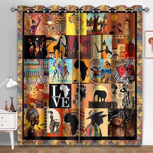 HIYSMT African Tribal Blackout Curtains American Woman Curtain Afro Ethnic Patchwork Style Art Window Treatments Wildlife Elephant Giraffe Drapes for Bedroom Living Room 2Panels 42x84inch HI02CL