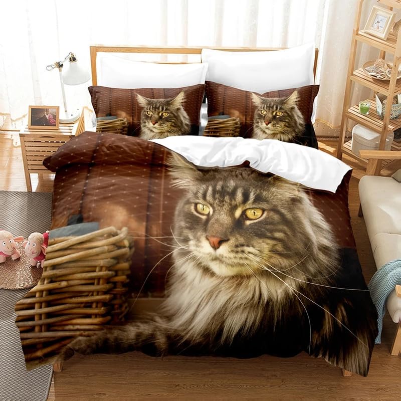 Parure de lit 240 x 260 cm chat café avec 2 taies d'oreiller
