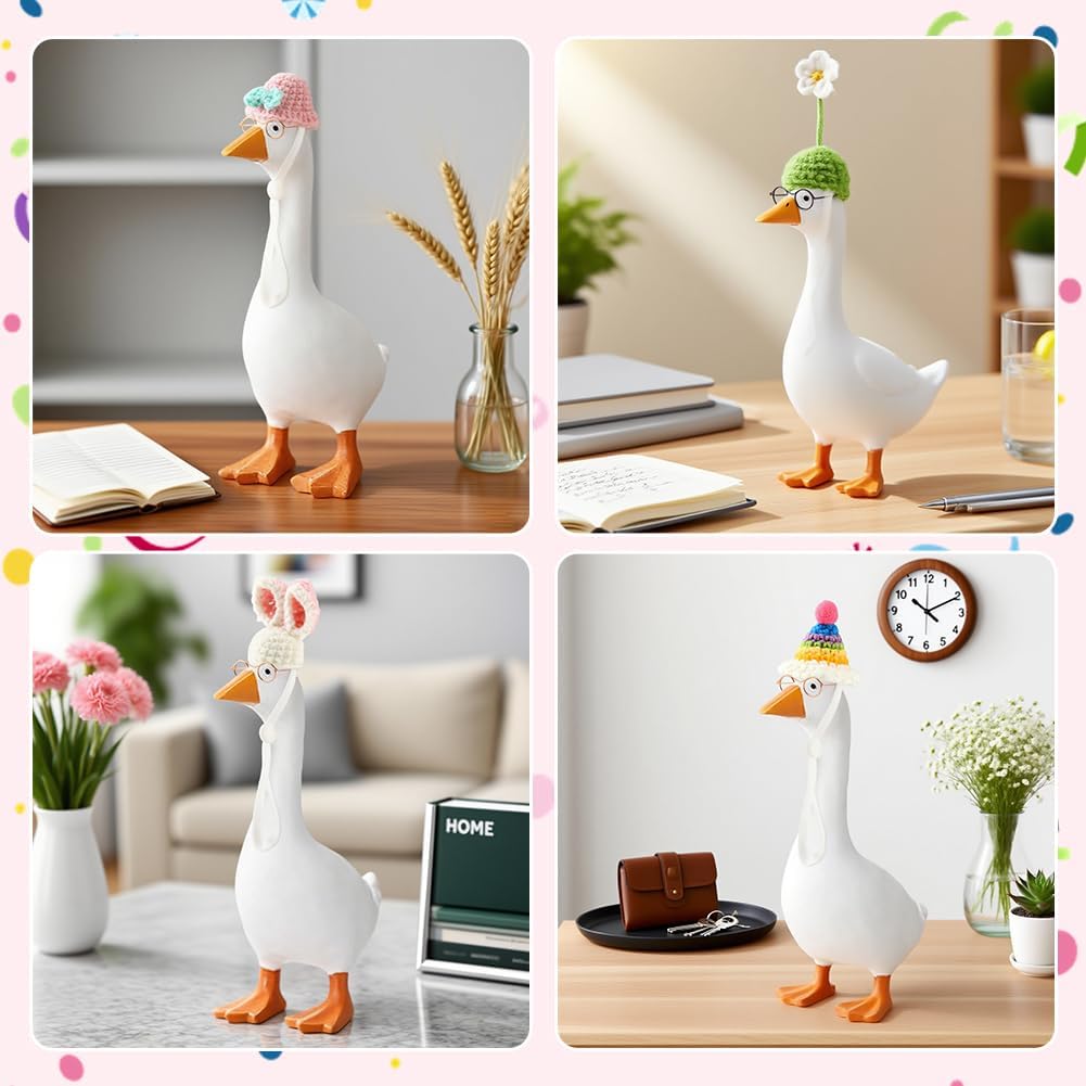 6 Set Desk Goose Outfits 7inch Mini Knitting Hats with Sunglasses, Mini Porch Goose Headwear with Adjustable Strap for Magnetic Statue Key Holder