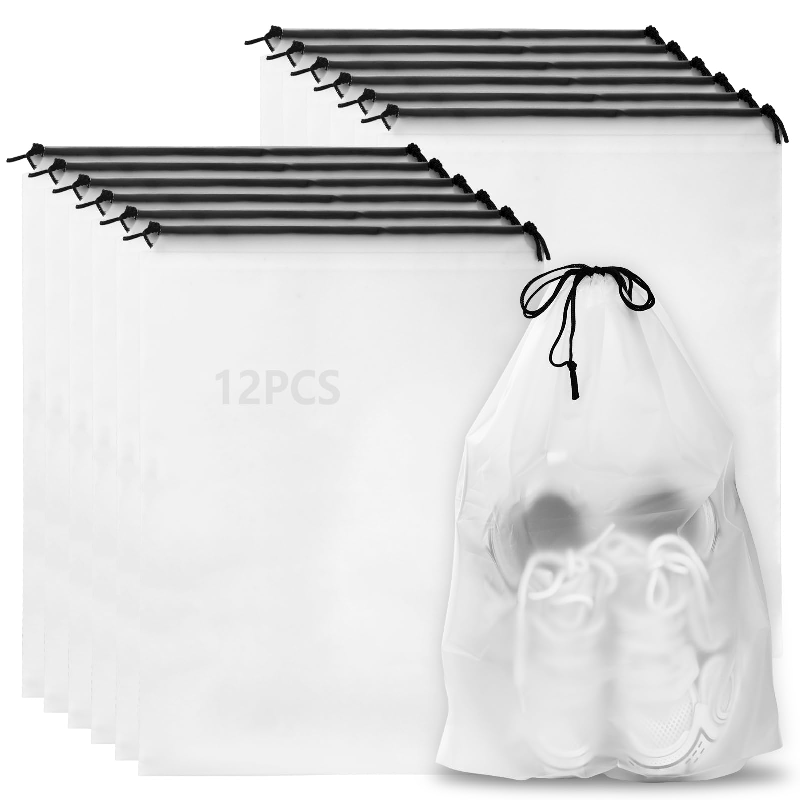 GeeRic 12枚セット 巾着袋 旅行用シューズバッグ 40cm x 30cm 巾着 クリア 防水防塵収納袋 シューズケース トラベルシューズ収納バッグ 靴 入れる袋 男女兼用 収納ポーチ 旅行 温泉 パッキング用 ビニール 半透明