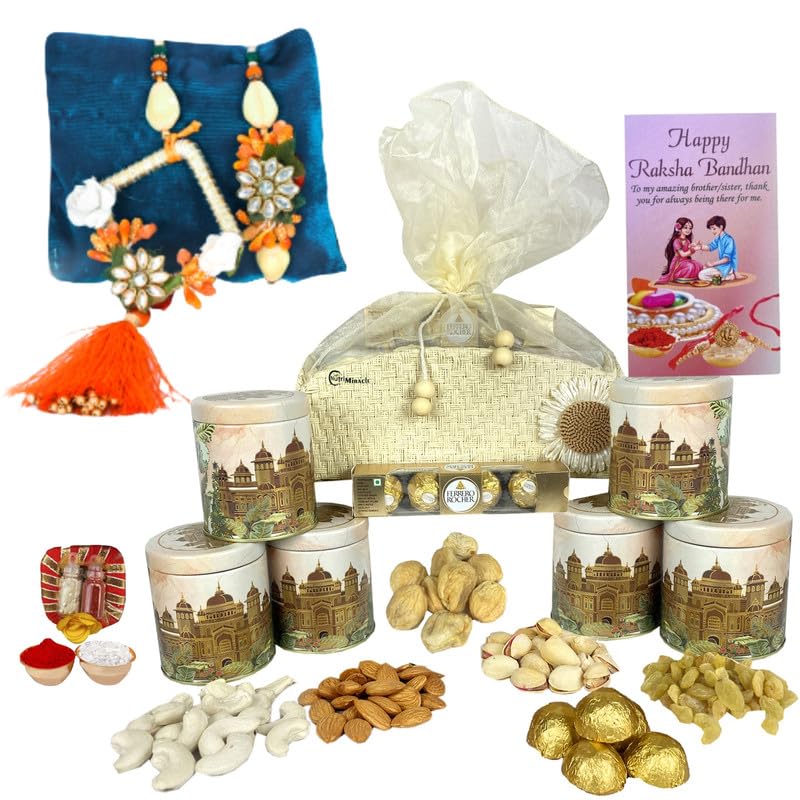 Image of NUTRI MIRACLE Rakhi Combo - Nuts & Chocolate Tin Gift Set for Brother Sister