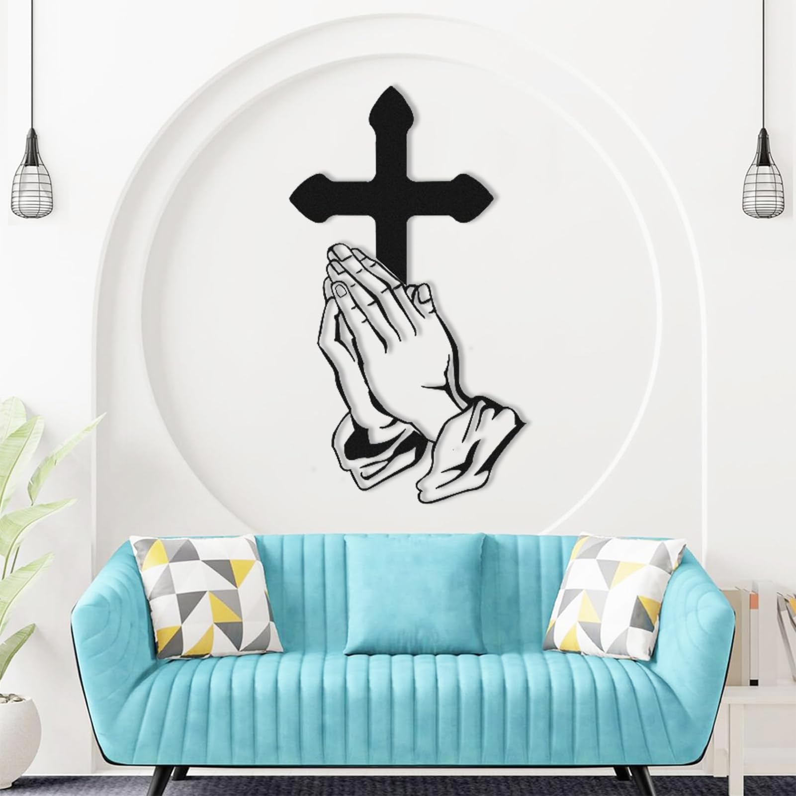 Nowoczesna minimalistyczna metalowa dekoracja ścienna - modlące się ręce, krzyż, Jezus modlący się o salon (150 x 85 cm, złoty)