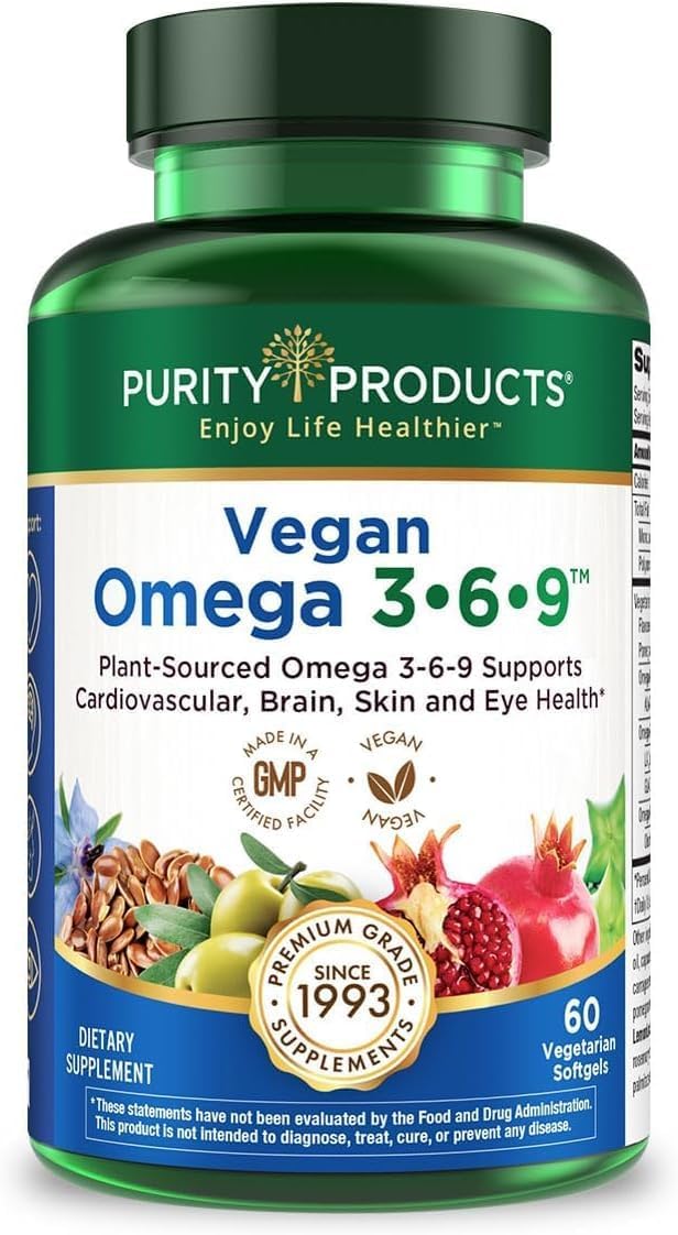Purity Products Omega 3-6-9 Vegan and Vegetarian Omega Formula - “5 in 1” Essential Fatty Acid Complex - Scientifically Formulated Plant-Based Omega 3 6 9 Essential Fatty Acids (EFA) - from (60)