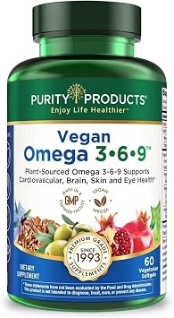Purity Products Omega 3-6-9 Vegan and Vegetarian Formula - 5 in 1 Essential Fatty Acid Complex - Scientifically Formulated Plant-Based Omega 3 6 9 Essential Fatty Acids EFA - from 60