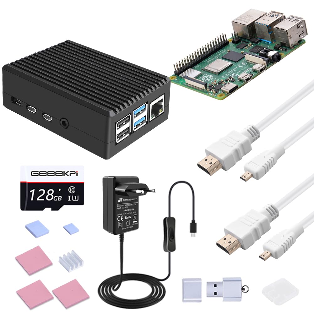 GeeekPi Raspberry Pi 4 8GB Starter Kit - 128GB Edition, Raspberry Pi 4 Passive Cooling Aluminum Case,Raspberry Pi 18W 5V 3.6A Power Supply with ON/Off Switch,HDMI Cables for Raspberry Pi 4B (8GB RAM)