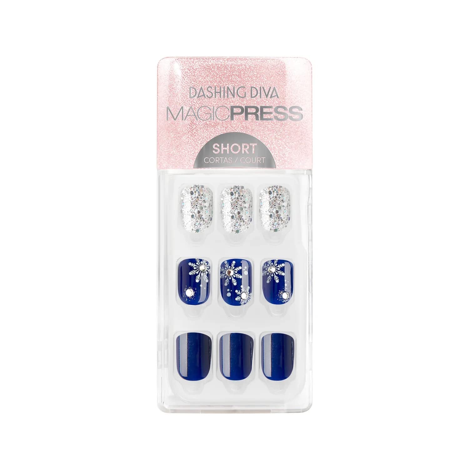 Dashing Diva Magic Press Holiday Nails - Best In Snow | Medium, Square On Long Lasting Stick Gel Lasts Up to 7 Days Contains 30 Nails, 1 Prep Pad, File, 1.0 Fl Oz