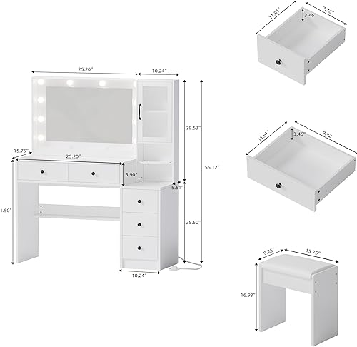 Miniatura 2 de Tocador con Luces, Juego de Tocador de Maquillaje con Estación de Carga y Silla, Tocador de Maquillaje con Espejo y 10 Luces LED, Tocador de