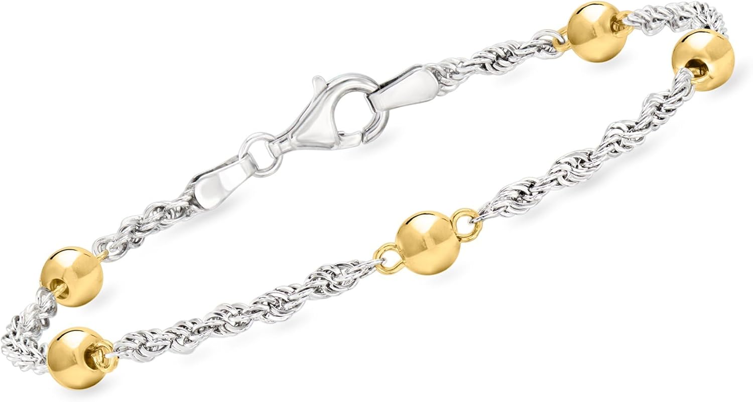 Ross-Simons Sterling Silver and 18kt Gold Over Sterling Bead Station Rope-Chain Bracelet