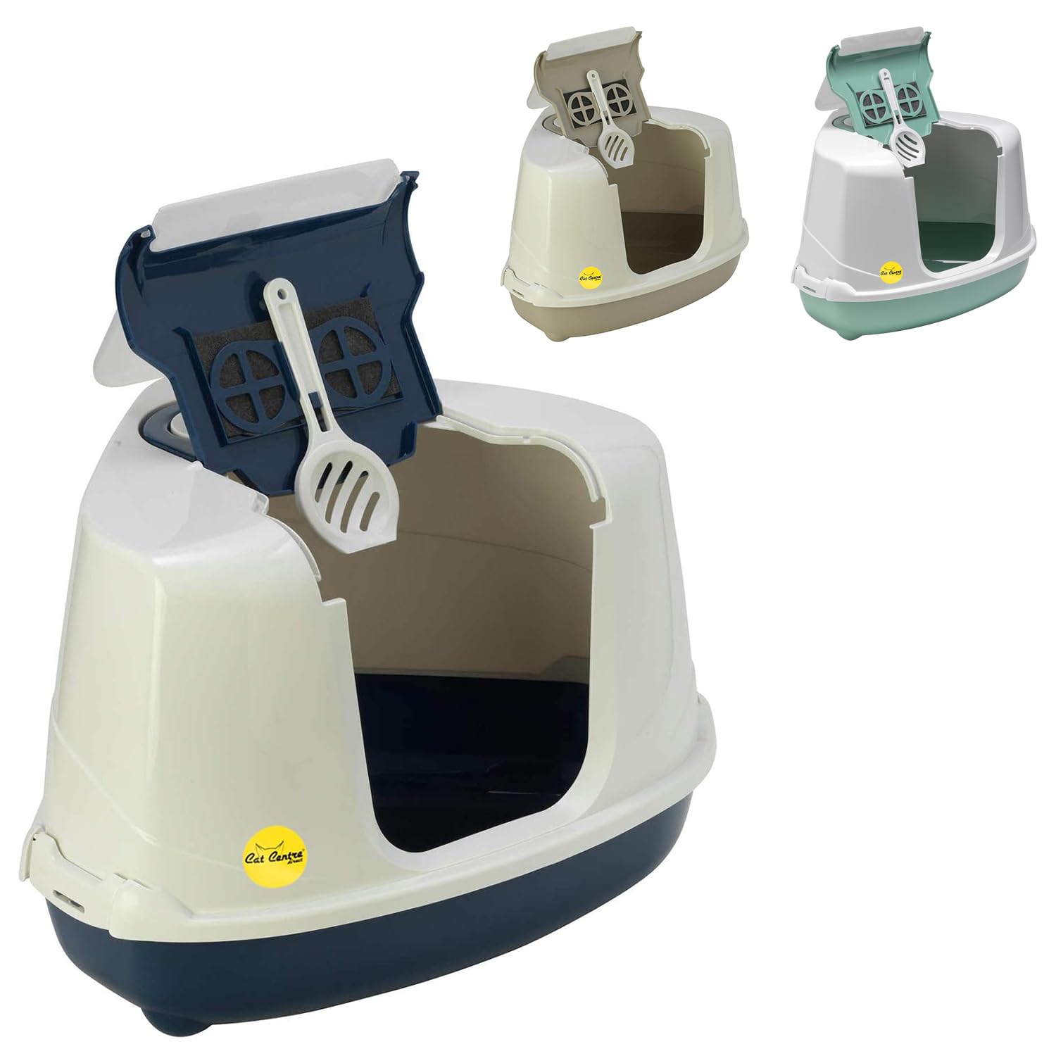 Dark Blue Large Corner Cat Flip Litter Tray Hooded Box Toilet + Scoop + Charcoal Filter Extra Deep Anti-Spillage Easy Cleaning Access Durable Flap Door Enclosed Kittens Detachable Safe Loo