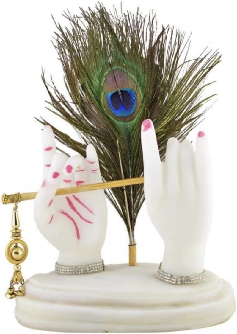 BOGEN LITE Home Decoration Showpiece White Krishna Hand Statue with Flute Morpankh for Gift Home Interior Living Room Bedroom Temple Office Decor Idol 8 Inch