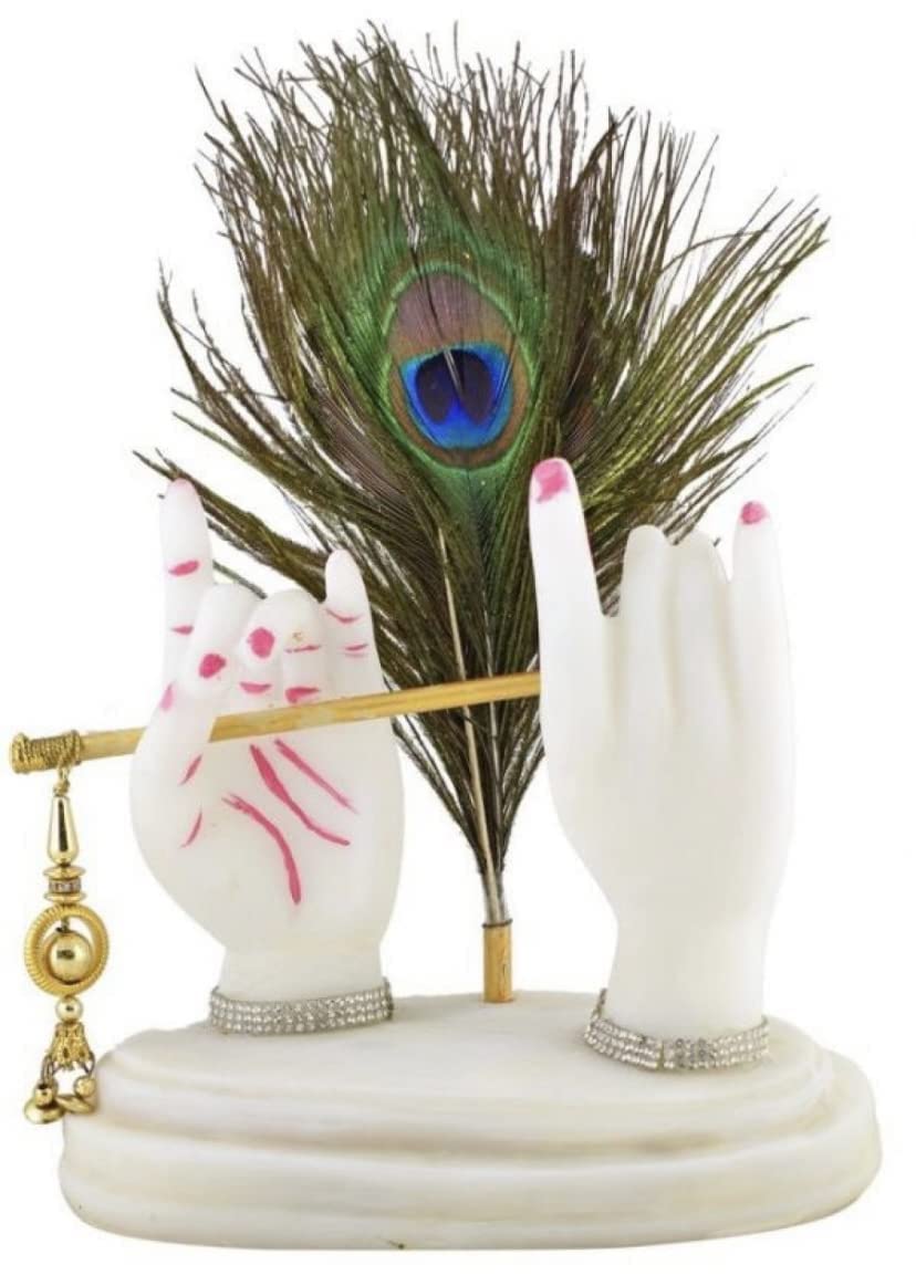 BOGEN LITE Home Decoration Showpiece White Krishna Hand Statue with Flute Morpankh for Gift Home Interior Living Room Bedroom Temple Office Decor Idol 8 Inch