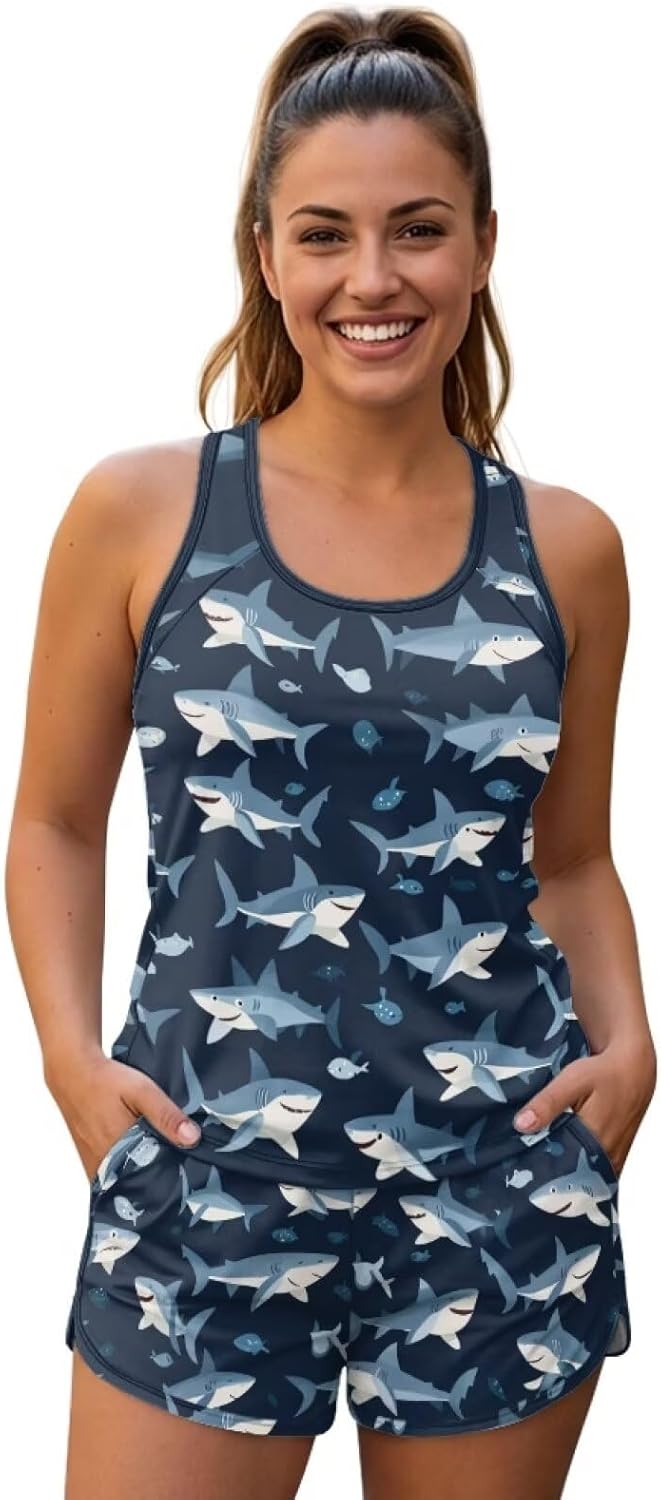 Ystardream Modest Two Piece Tankini Swimsuits for Women Tank Top with Swim Shorts Summer Swimwear