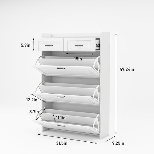 Miniatura 2 de Gabinete de zapatos oculto para entrada, zapatero estrecho con puertas y cajones, gabinete de almacenamiento delgado de 4 niveles, cajón abatible de