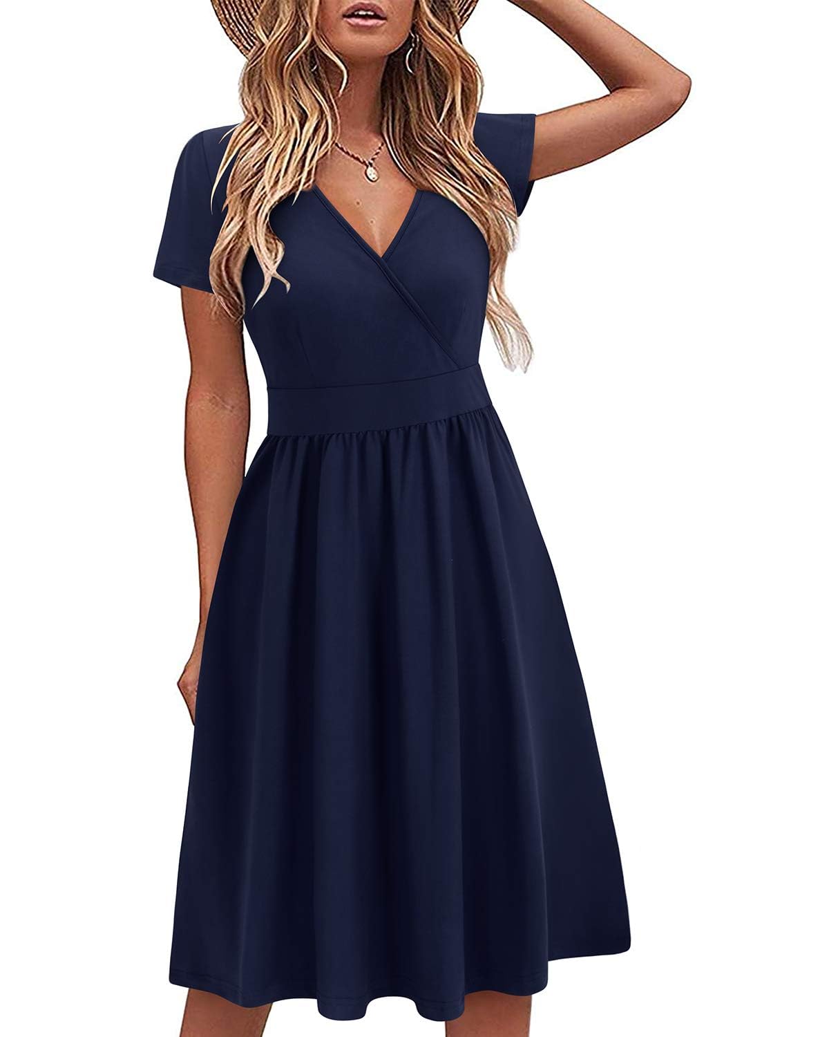 VOTEPRETTY Damen Sommerkleid Kurzarm V-Ausschnitt Wickelkleid Knielang Kleid mit Taschen