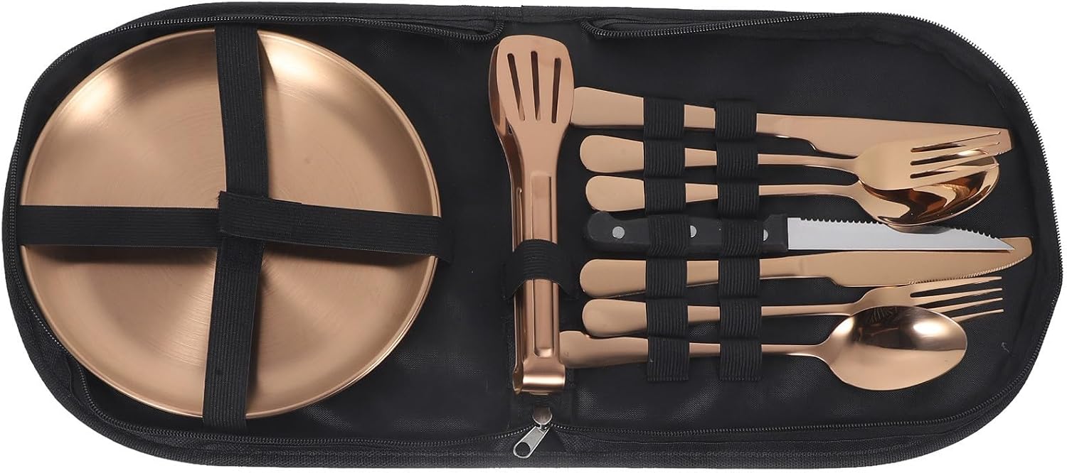 Stainless Steel Camping Flatware Set 10pcs Portable Cutlery with Spoon Fork Knife Gold Outdoor Travel Utensils for Hiking Picnic and Camping