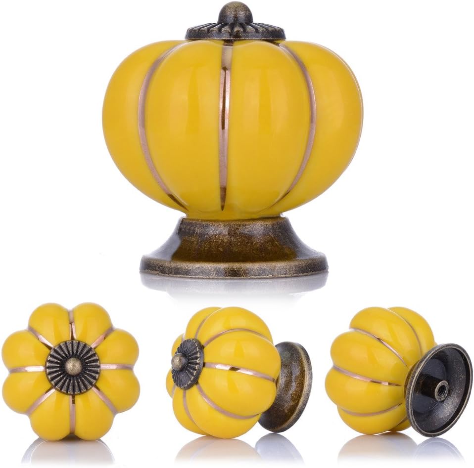 Wolfteeth Cabinet Knobs and Drawer Handles 6 Pack - 1.5 Inch Ceramic Pumpkin Design Hardware for Kitchen Dresser Furniture - Yellow Fall Decor