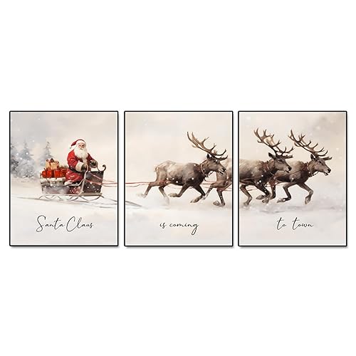 Miniatura 1 de Gallery Set of 3, Christmas Posters, Christmas Santa Claus with a Sleigh Prints, Xmas Wall Art Home Decor, Christmas Wall Art, Christmas Living Room