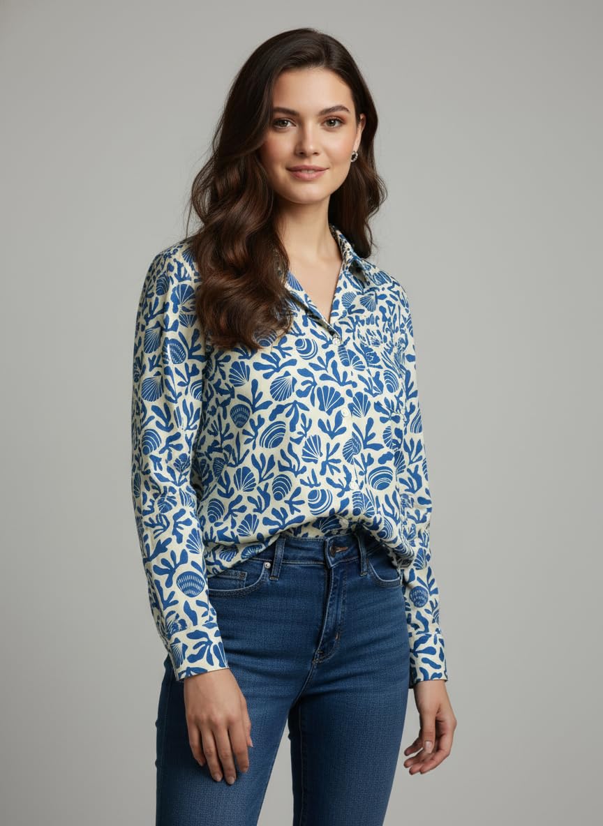 ANNI Designer Bedrucktes Damenhemd aus Baumwollmischgewebe, langärmelig, normale Passform, Hemdkragen, legere Bürokleidung, elegante Western-Kleidung für den Alltag, Hochzeit, Party