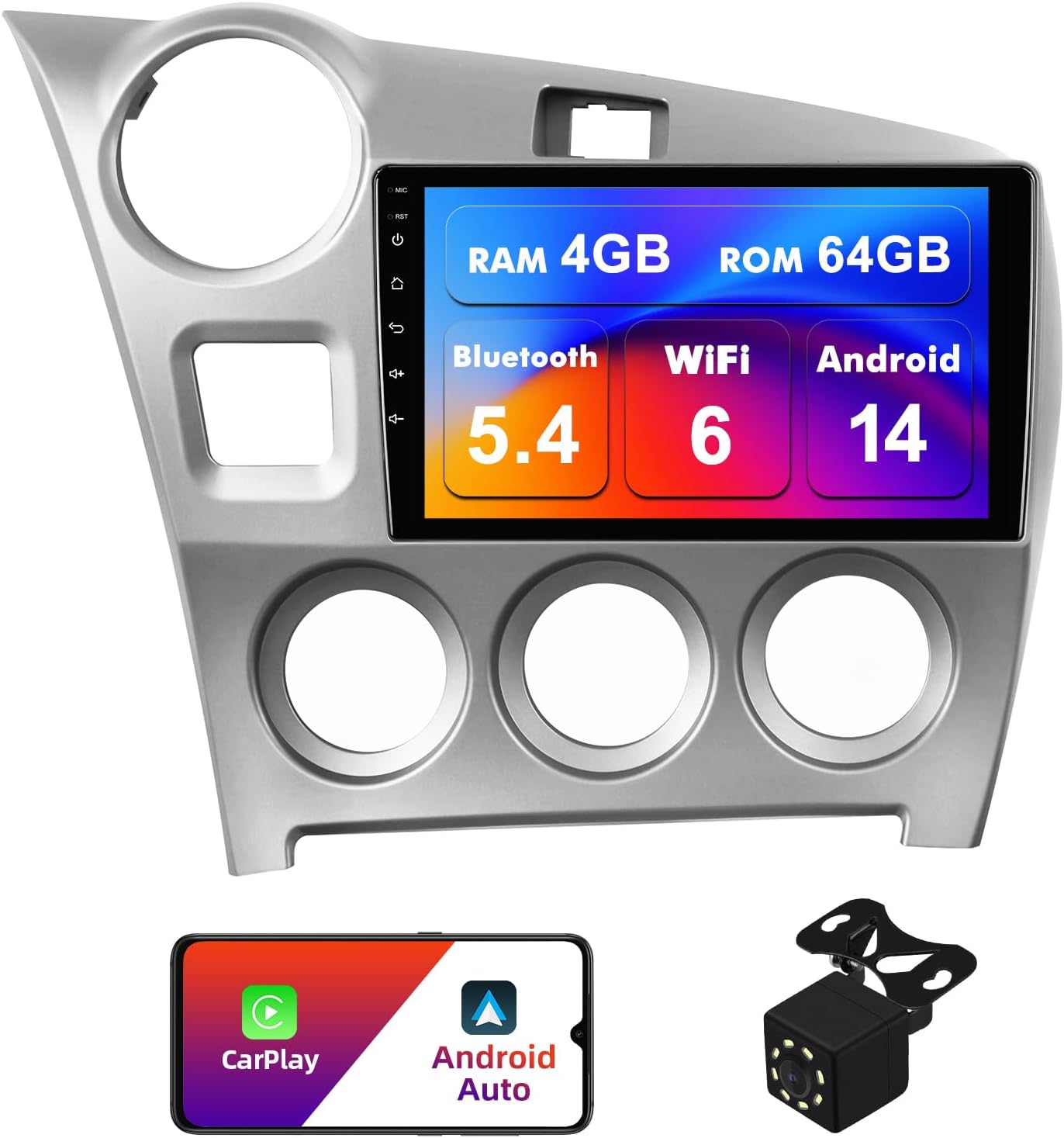 4+64G Android 14 Double Din Car Radio Stereo for Toyota Matrix 2009-2014 with 9" Touchscreen Radio Built-in Wireless Carplay/Android Auto/GPS/Bluetooth/FM/AUX-in/SWC/Camera