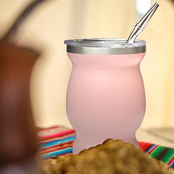 Beruth Bombilla Yerba Mate Gourd, 8 oz Paslanmaz Çelik Çay Bardağı Seti, Çok Fonksiyonlu Kapaklı, İki Pipetli ve Temizleme Fırçalı, Çift Duvarlı Kahve Kupası Isı Yalıtımı, Haşlanma Önleyici (Şeftali