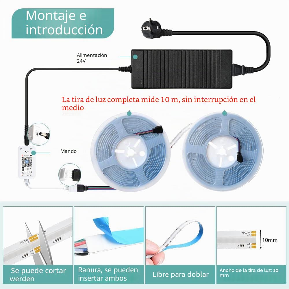 Wifi 10M COB RGB Cinta Led Dormitorio 576LED/M 5760leds 24V Tira LED funciona con Google Home Asstant/Alexa,Cintas LED regulable tira con control remoto