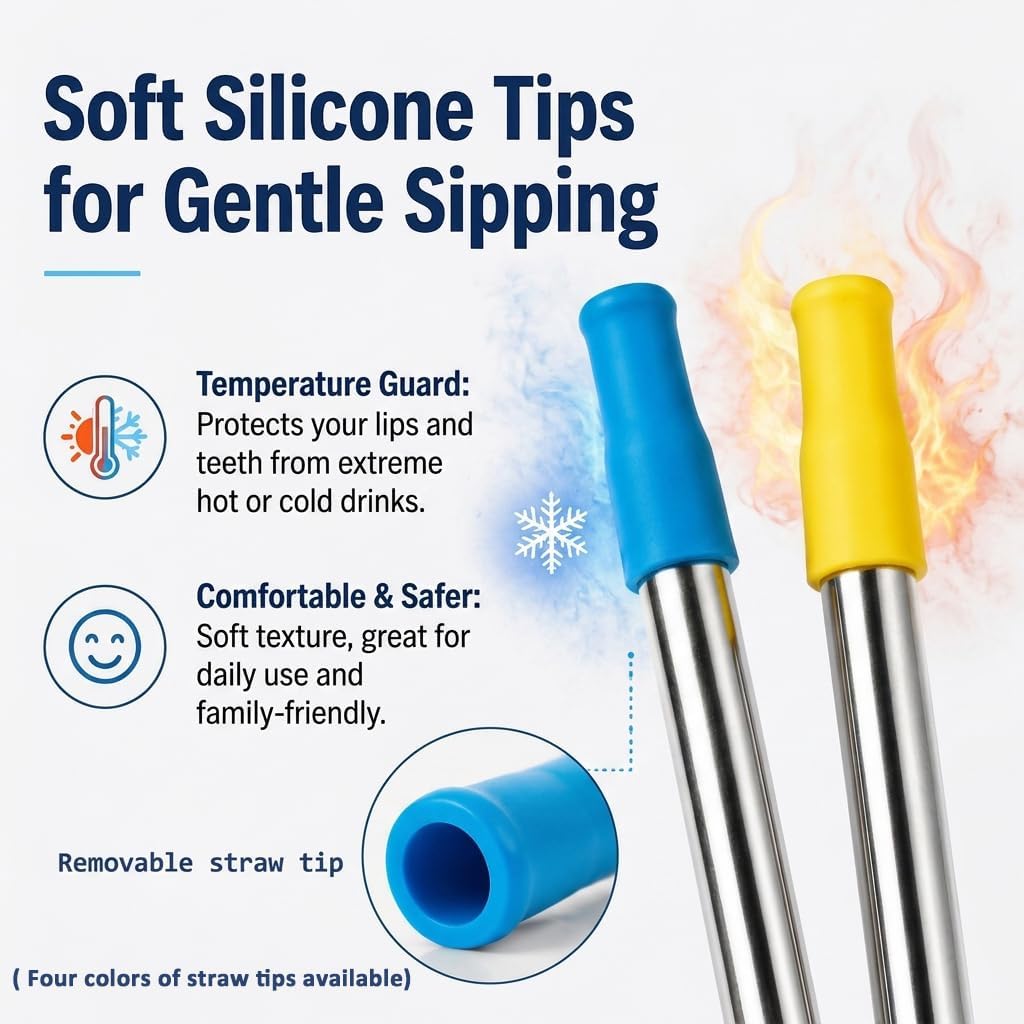 Reusable Metal Straws with Silicone Tips 8 Pack Stainless Steel Straws