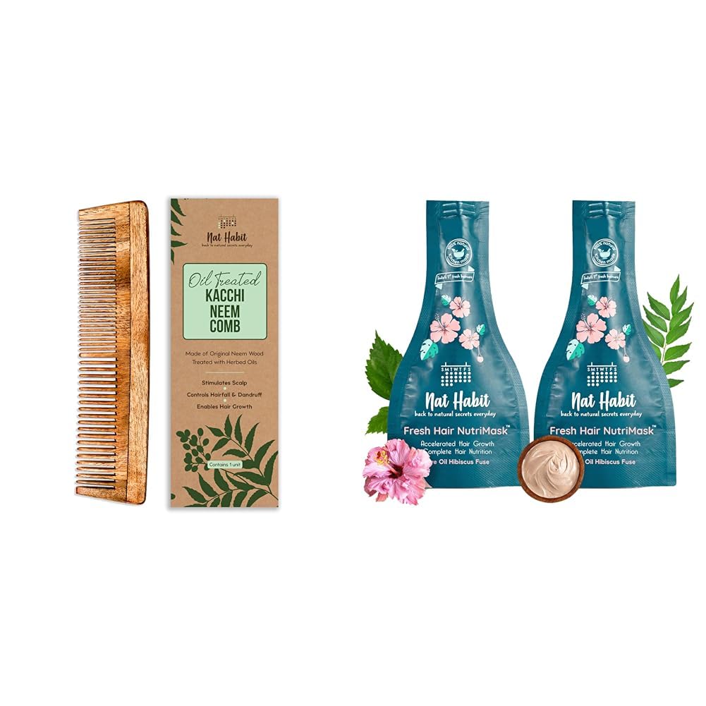 Nat Habit Kacchi Neem Wooden Comb - Soaked In 17 Herbs For All Hair Types (Dual Tooth) and Nat Habit Five Oil Hibiscus NutriMask-Hair Mask For all Hair & Scalp Types (Pack of 2 x 40 gm)-image-40