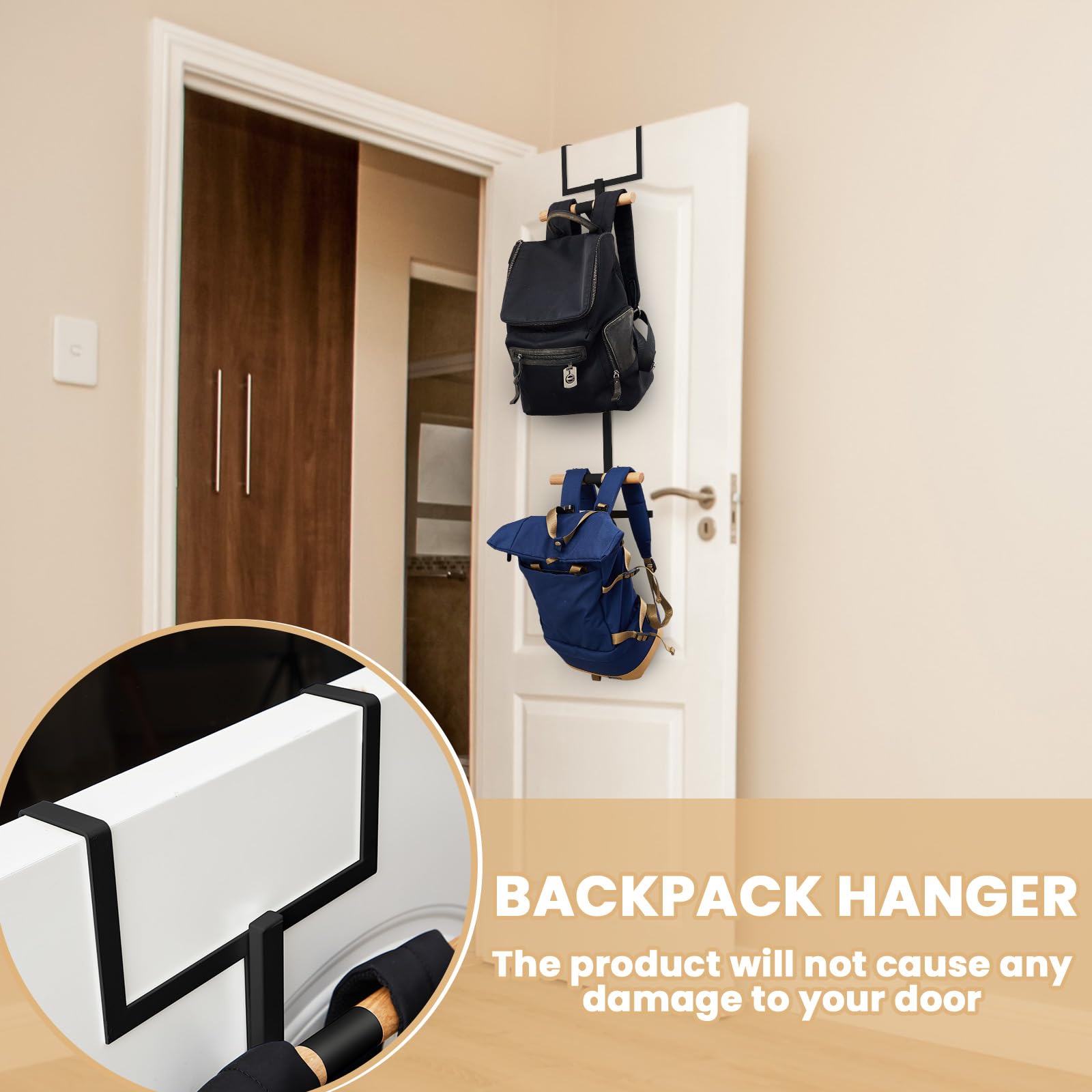 Briwooody Colgador de mochila sobre la puerta para armario o dormitorio, mochila escolar de dos niveles, estante de almacenamiento de metal, colgador de mochila sobre la puerta, gancho de fácil