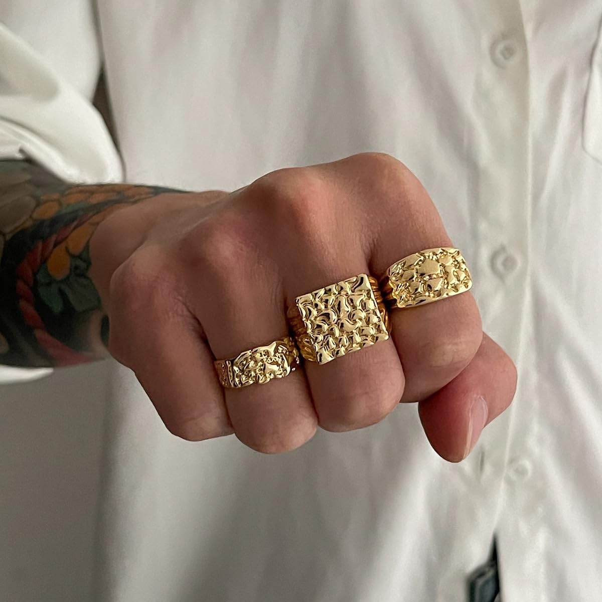 3Pcs Gold Chunky Rings for Men Punk Stackable Finger Knuckle Rings Set Hip Hop Harmmered Texture Statement Trendy Simple Jewelry
