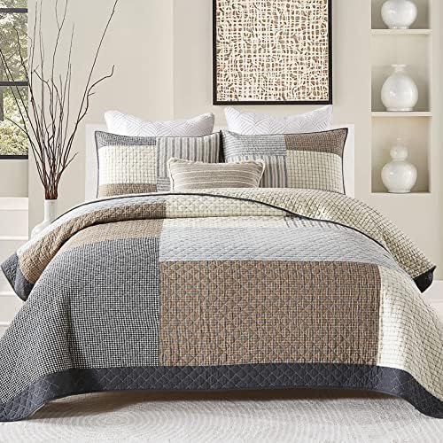 DUOHONG Quilts King Size - King Quilt Bedspread Sets, 100% Cotton Patchwork Quilt Bedding Set for King Bed, 3 Pieces Plaid Farmhouse Reversible Rustic Lightweight Comforter Spread, Brown/Beige/Gray