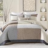 DUOHONG Quilts King Size - King Quilt Bedspread Sets, 100% Cotton Patchwork Quilt Bedding Set for King Bed, 3 Pieces Plaid Farmhouse Reversible Rustic Lightweight Comforter Spread, Brown/Beige/Gray