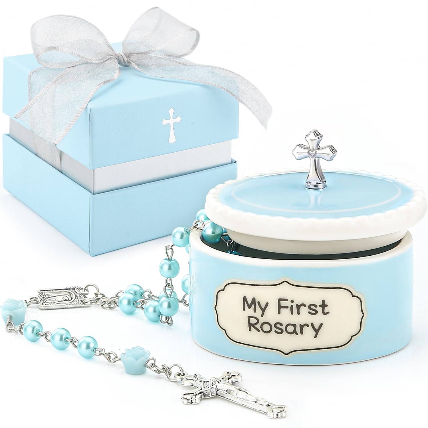 Baptism Gifts for Boys - My First Rosary with Ceramic Keepsake Box, Christening Gift Set, Catholic Rosary for Kids, Baptism, First Communion & Baby Dedication Gifts for Newborn Baby Boys