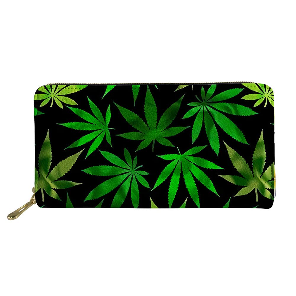 Yooce 420 Leaf Leather Zipper Wallet Casual Zip Around Billfold, Black, Zipper Wallet