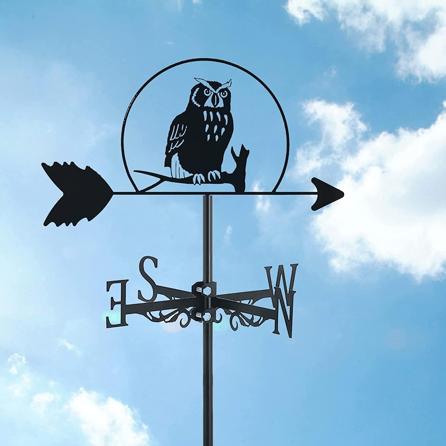 WIQUYBML Soaring Birds Farmhouse wind vane Roof Mount,Metal Craft Weather Vane Farm Scene Garden Stake Art for Yard with Animal Silhouette Ornament Direction Indicator,Cartoon owl(Owl Decoy)
