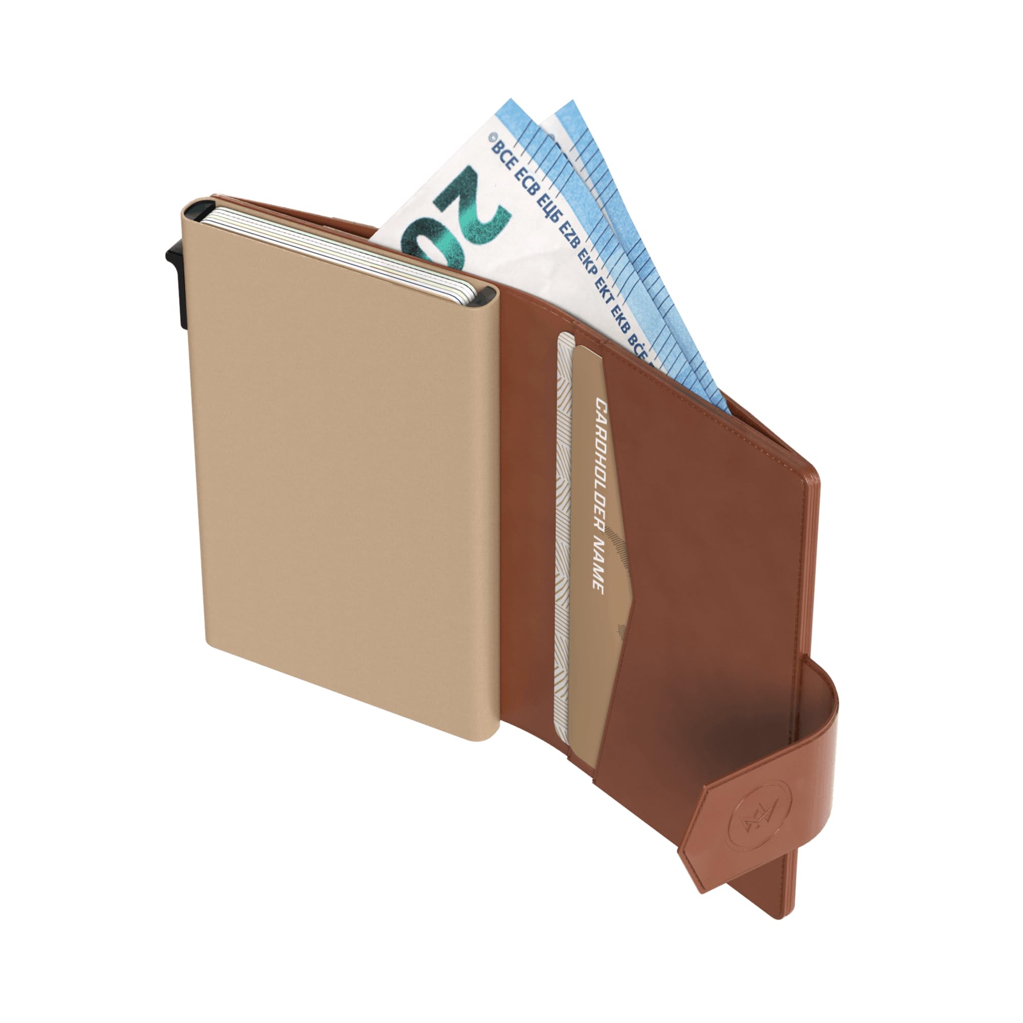 Plus - Portacarte - 8 carte, banconote e monete - Portacarte con cerniera - RFID - Piccolo porta carte di credito - Portafoglio elegante (Cognac)