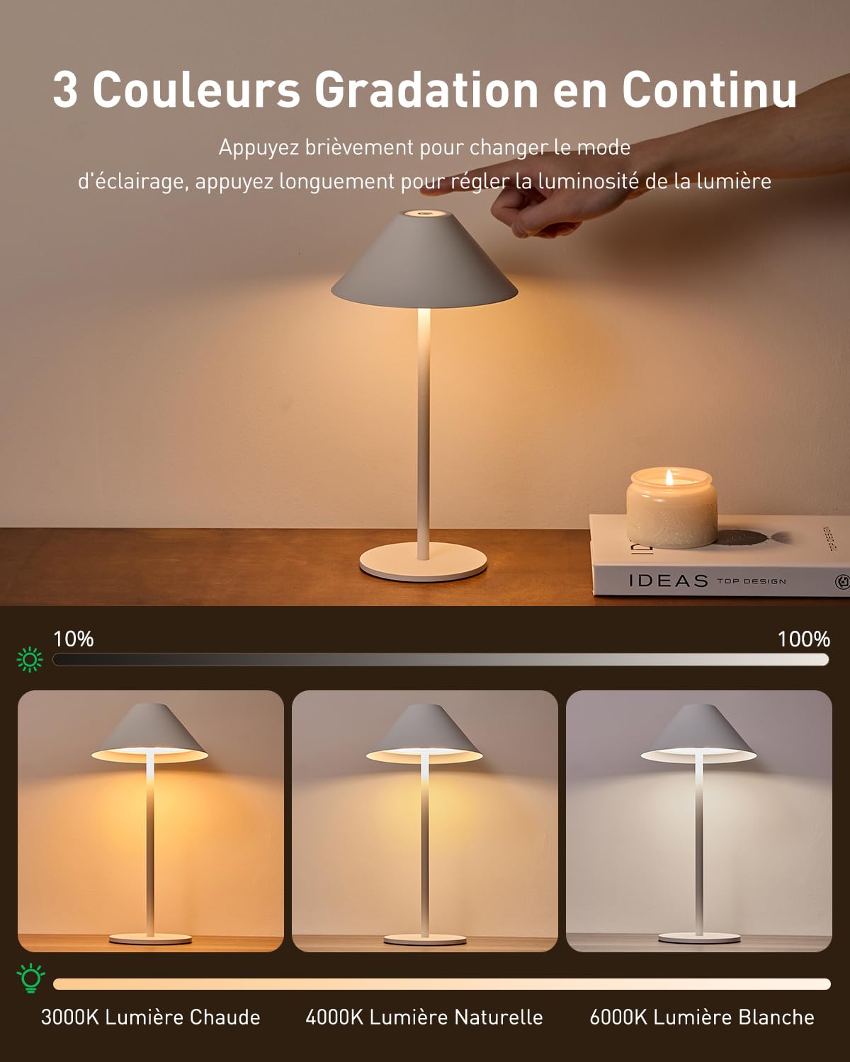 Bojim Lampe de Table LED Exterieure Tactile Sans Fil Rechargeable USB Autonomie 10j, Lampes Chevet Battery Interieur Petite Lamp Touch Lumiere Wireless Salon Lamps IP54 Waterproof Jardin Blanc