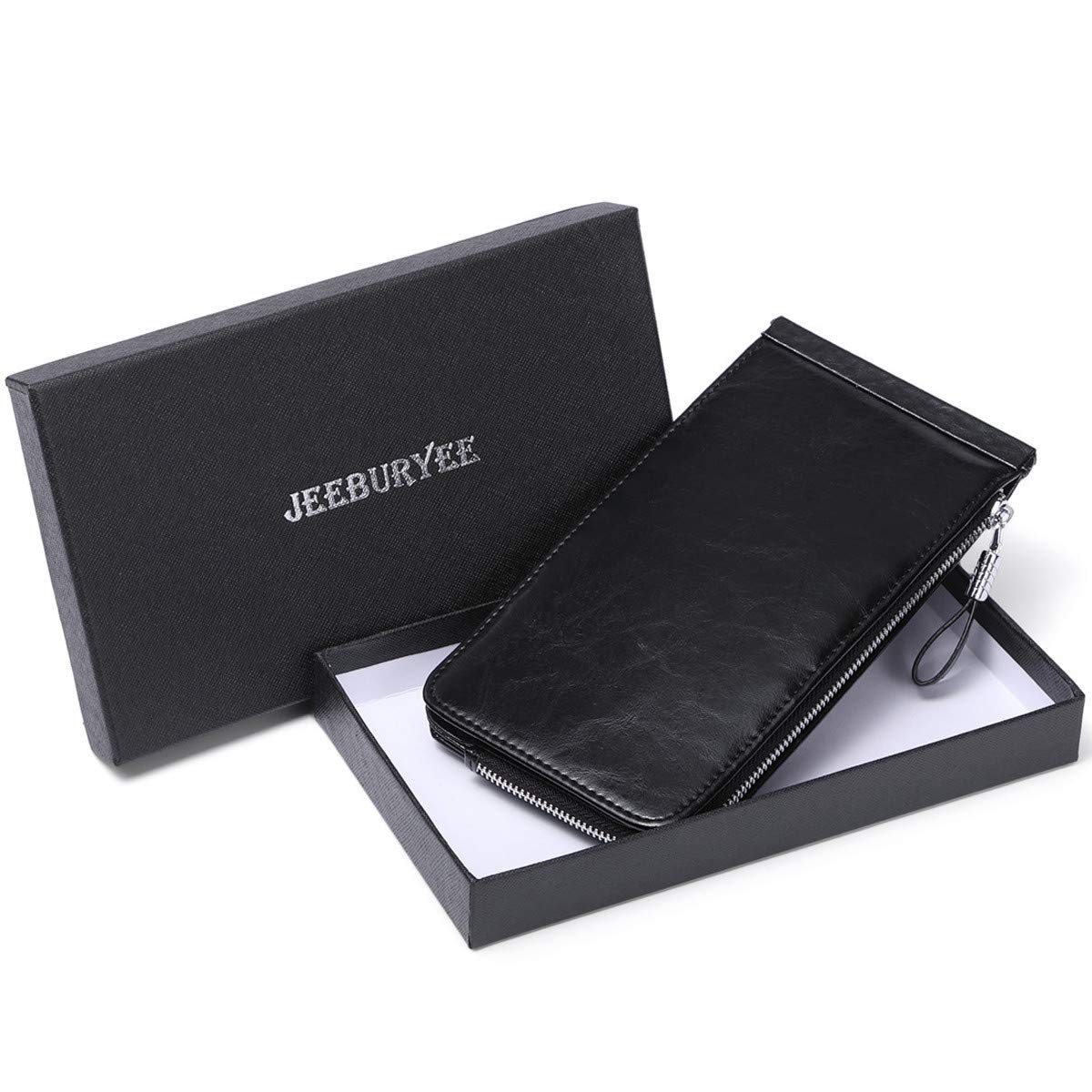 Cartera de piel auténtica para mujer, con cremallera larga con cremallera RFID, Cuero Cera Negro, Cartera Rfid 7