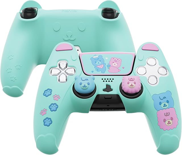 PlayVital Cute Bear Controller Silicone Case for ps5, Kawaii Controller Cover Compatible with Charging Station, Gamepad Skin Protector for ps5 with Touch Pad Sticker & Thumb Grips - Green & Pink