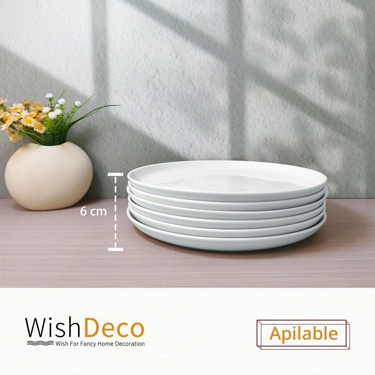 WishDeco Juego de 6 plato blancos de 23 cm de diámetro, platillos de porcelana, platos blancos con borde elevado, platos para servir ensalada, pasta, pizza