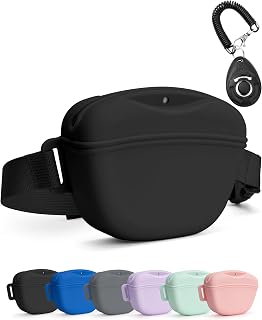 Heouvo Dog Treat Pouch with Clicker - Strong Magnetic Closure, 1.67 Cup Silicone Fanny Pack Waist Belt for Pet Training & Walks (Black)